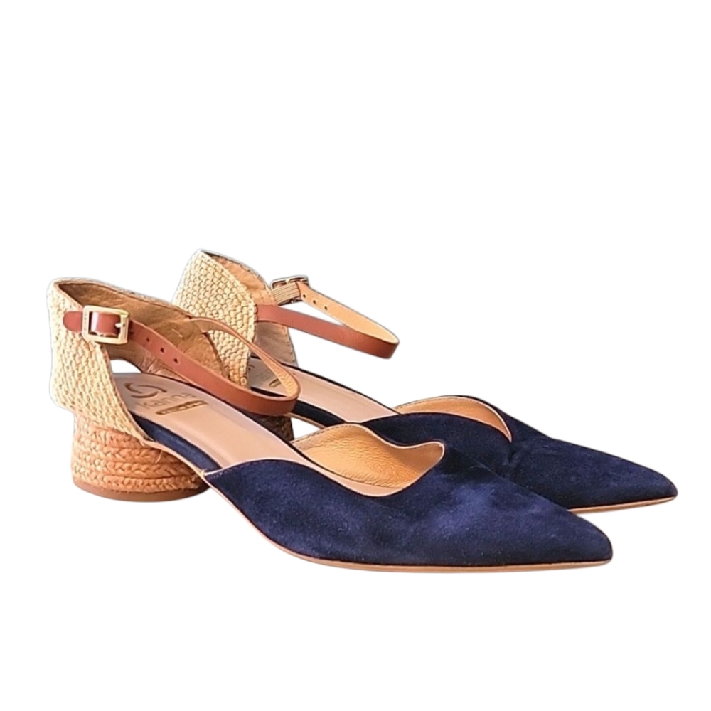 KANNA‎ Jini Raffia Trimmed Navy Suede Heels Eur 37, US 6.5-7